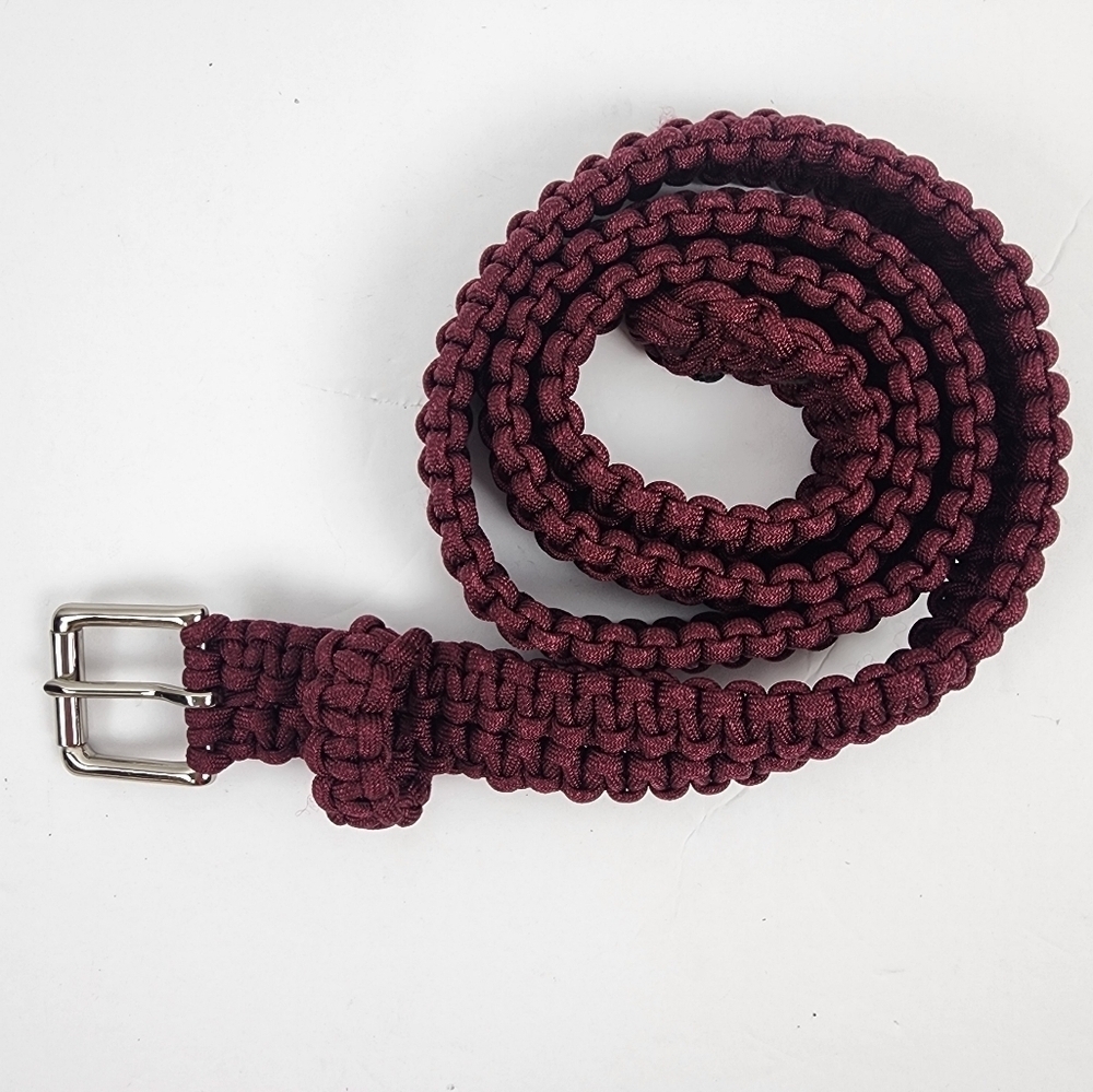 NWOT Braided Burgundy Belt Seatbelt Like Solid Brass Silver Buckle